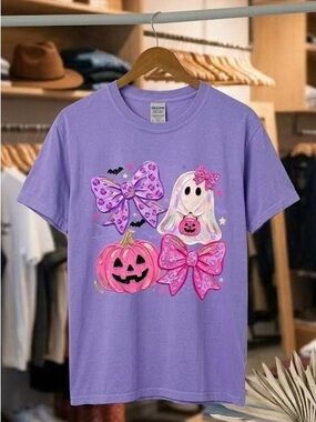 Coquette Pink Halloween T-Shirt Leopard Bow Cute Ghost Pumpkin Graphic Tee